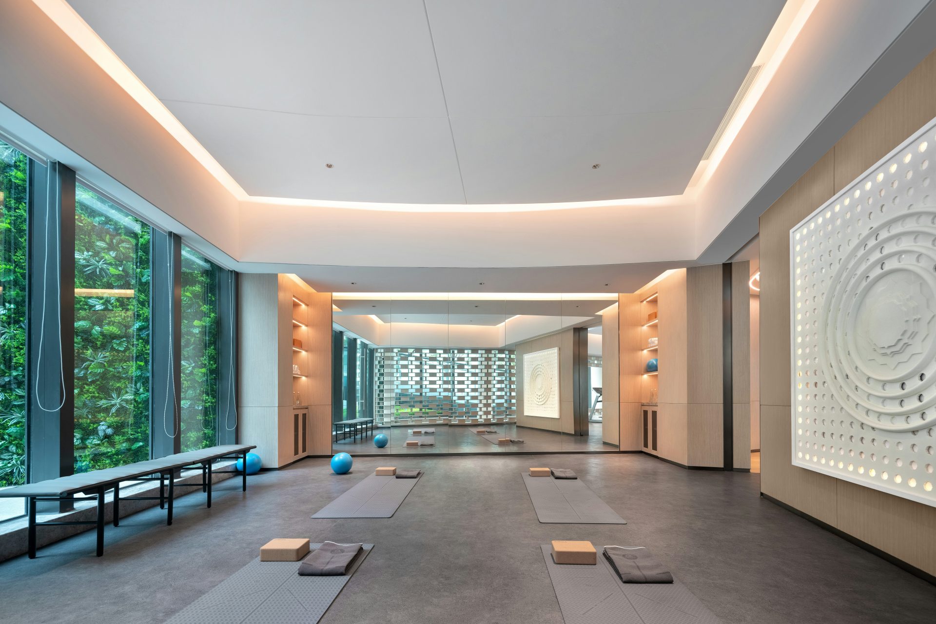 Modern yoga studio with large windows and mats.